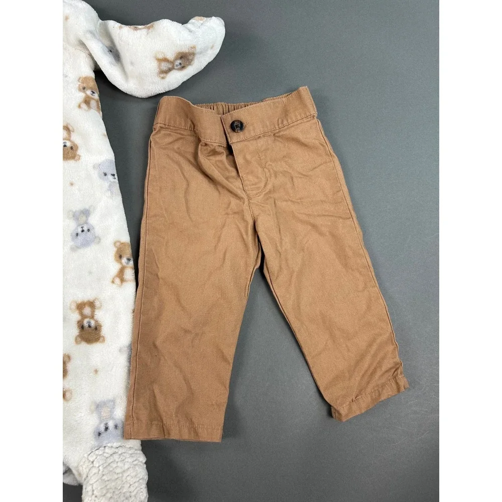 Baby Gear Boys 3pc Set 6-9M Teddy Bear‎ Fleece Footie Joggers Chinos Multicolor